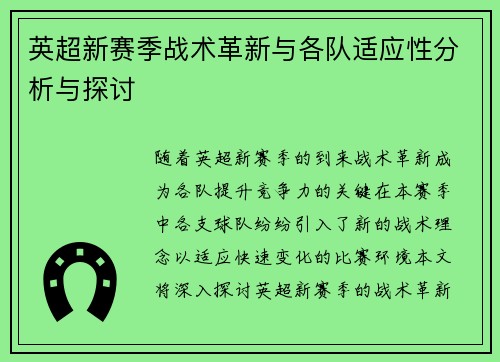 英超新赛季战术革新与各队适应性分析与探讨
