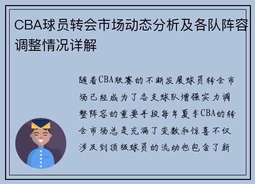 CBA球员转会市场动态分析及各队阵容调整情况详解