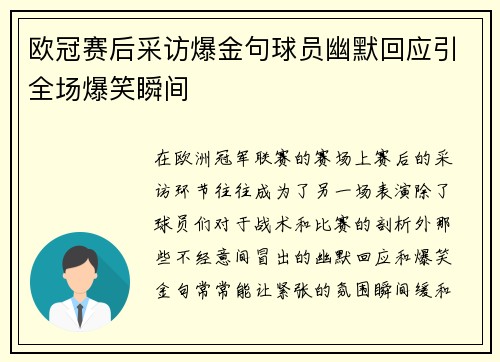 欧冠赛后采访爆金句球员幽默回应引全场爆笑瞬间